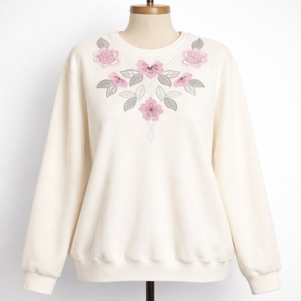 Vintage Y2K Floral Embroidered Fleece Sweatshirt Pink‎ Cream Sz 2X Granny Spring